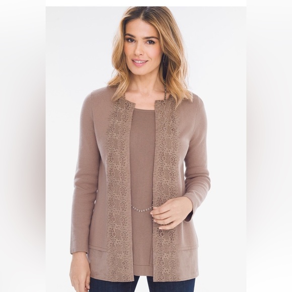 Chico’s Lace-Front Open Cardigan Taupe Sweater - Picture 1 of 13